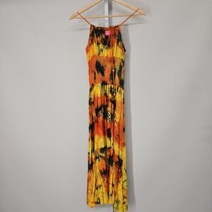 Fashion Tropical Tie Dye Halter Maxi Dress Orange Yellow Black Smocked One Size